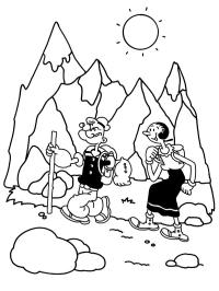 Popeye i Olive spacerujący po górach