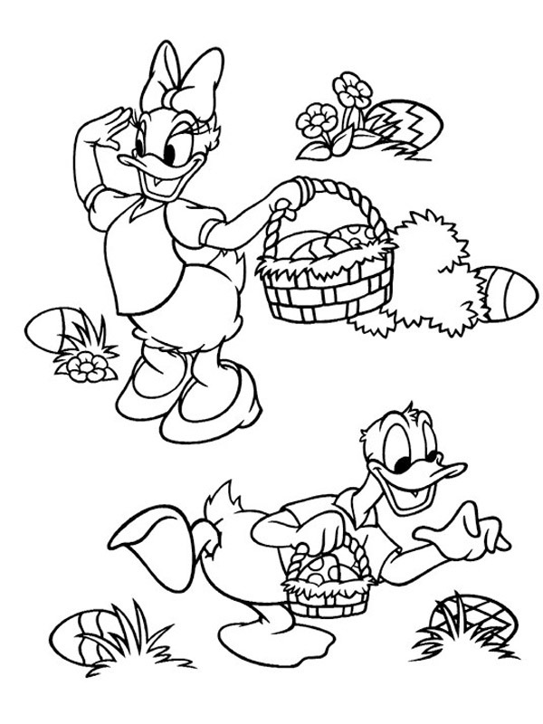 Kaczka Daisy i Kaczor Donald szukają wielkanocnych jajek kolorowanka