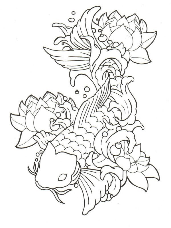 tatuaż ryby lotosu i koi kolorowanka