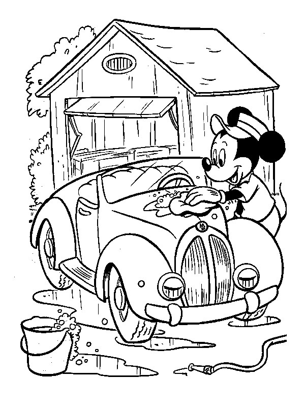 Myszka Miki poleruje samochód kolorowanka